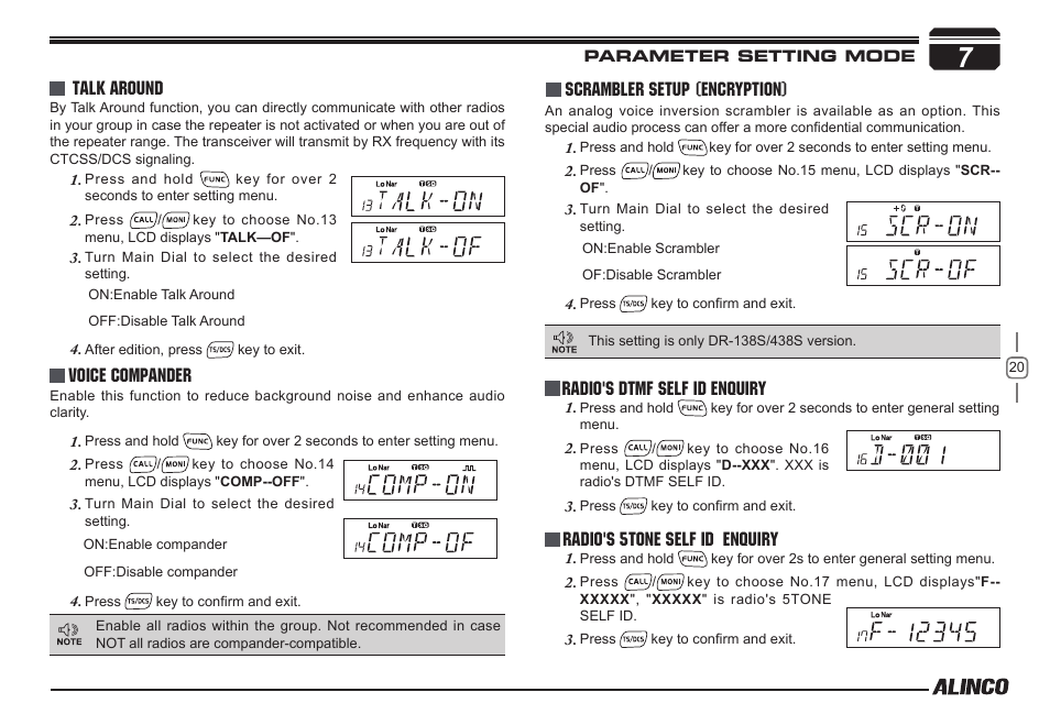 Scrambler setup (encryption), Radio's 5tone self id enquiry, Voice compander | Radio's dtmf self id enquiry, Talk around | Alinco DR-138  User Manual | Page 28 / 41