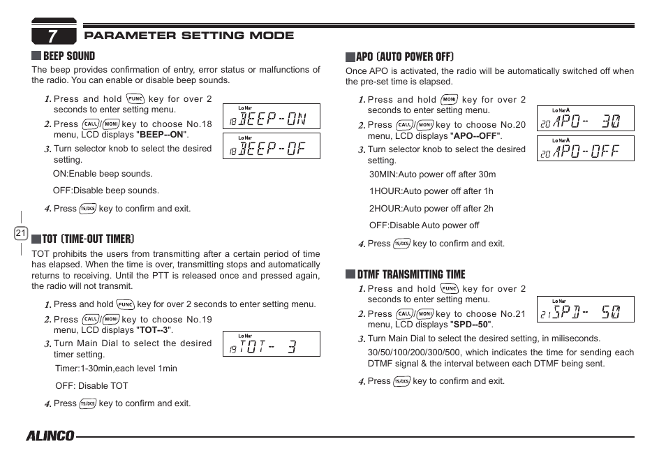 Beep sound, Tot (time-out timer), Apo (auto power off) | Dtmf transmitting time | Alinco DR-138  User Manual | Page 29 / 41