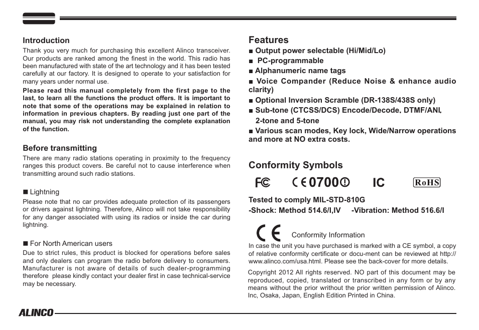 Features conformity symbols | Alinco DR-138  User Manual | Page 3 / 41