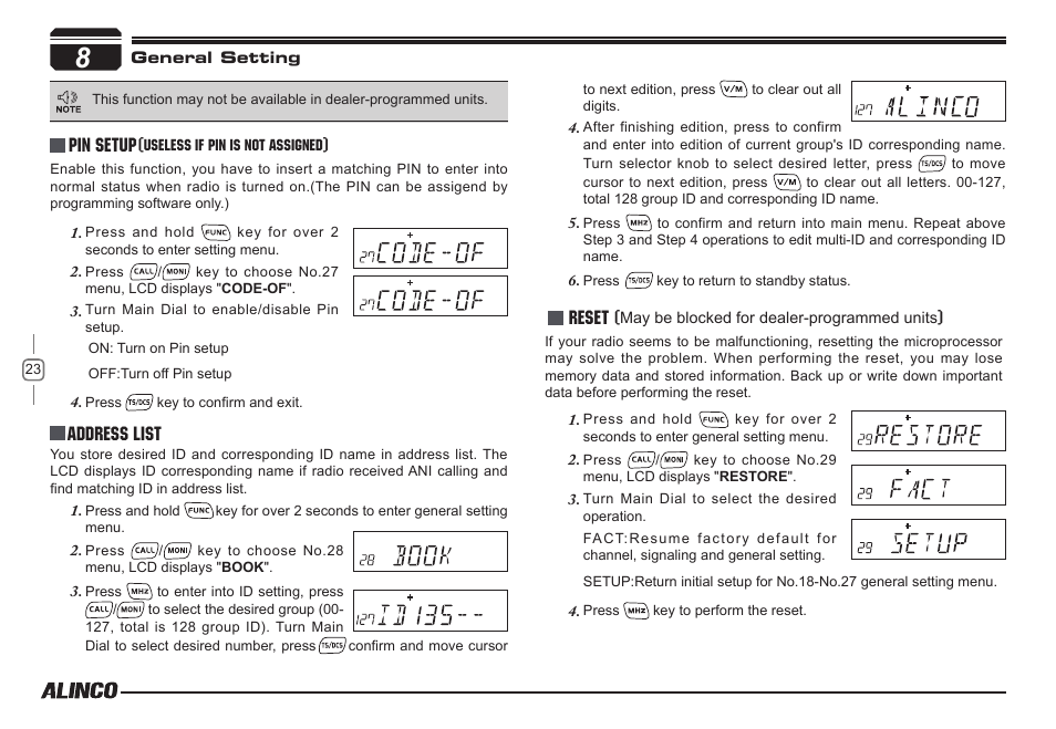 Pin setup, Address list, Reset | Alinco DR-138  User Manual | Page 31 / 41