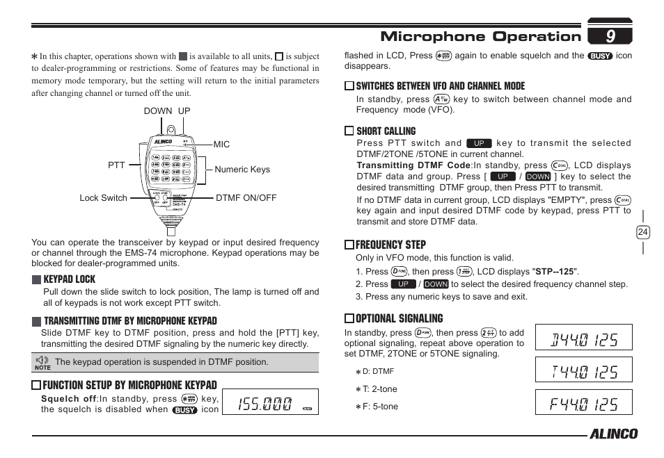 Microphone operation, Frequency step optional signaling, Function setup by microphone keypad | Alinco DR-138  User Manual | Page 32 / 41