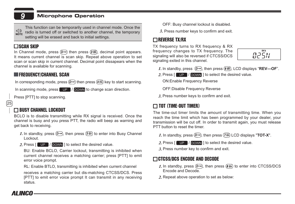 Reverse tx/rx, Busy channel lockout, Frequency/channel scan scan skip | Tot (time-out timer), Ctcss/dcs encode and decode | Alinco DR-138  User Manual | Page 33 / 41