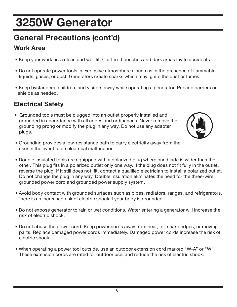 3250w generator, General precautions (cont’d) | All Power APG3012 User Manual | Page 8 / 46