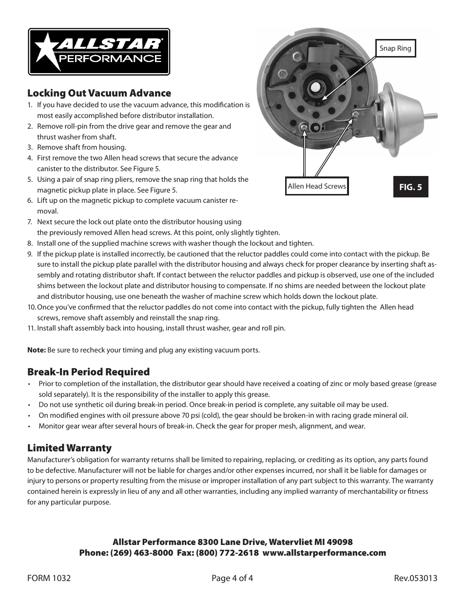 Locking out vacuum advance, Break-in period required, Limited warranty | Allstar Performance ALL81222 User Manual | Page 4 / 4