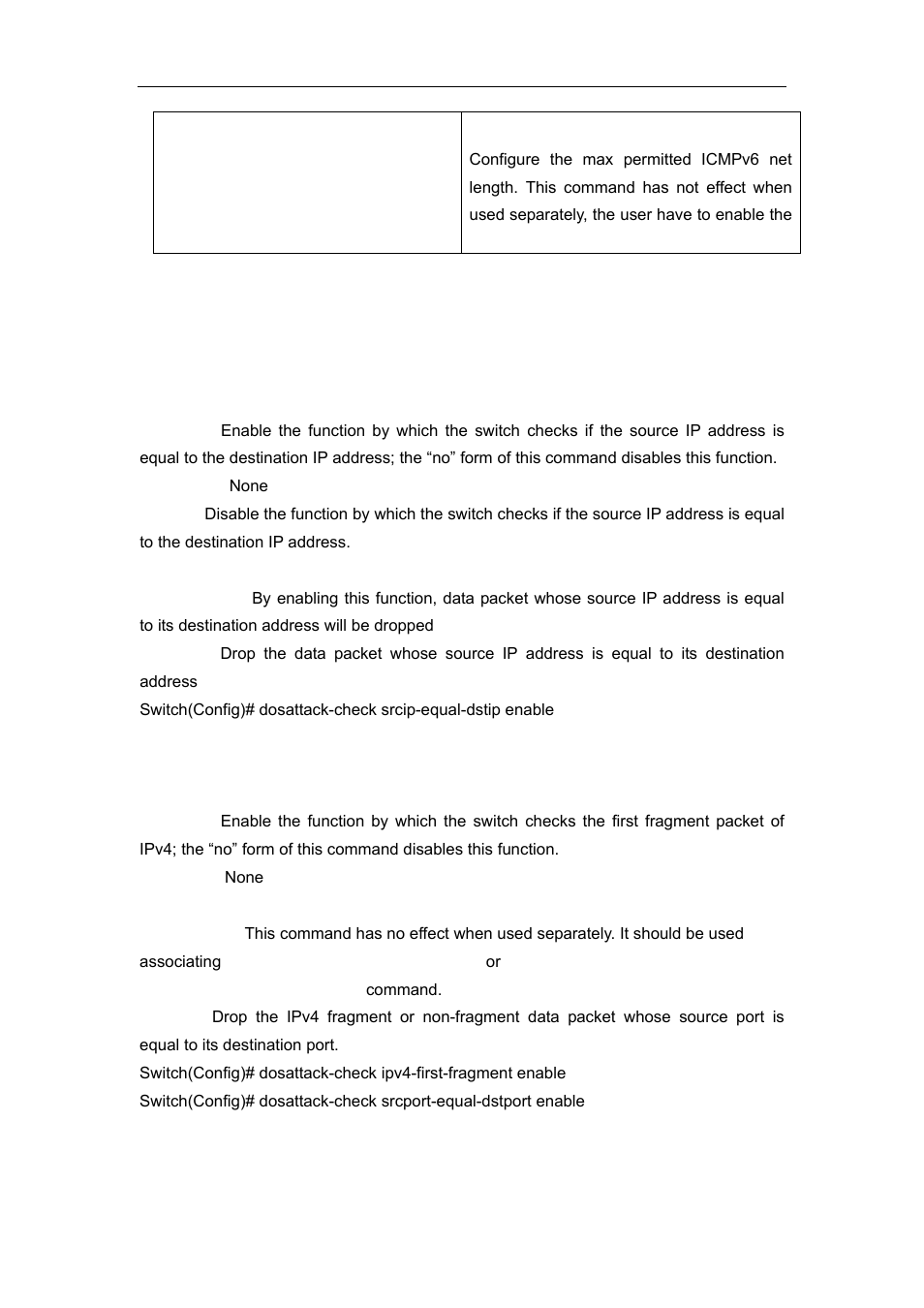3 commands for security feature, 1 dosattack-check srcip-equal-dstip enable, 2 dosattack-check ipv4-first-fragment enable | 3 dosattack-check tcp-flags enable | Accton Technology ES4626 User Manual | Page 105 / 853