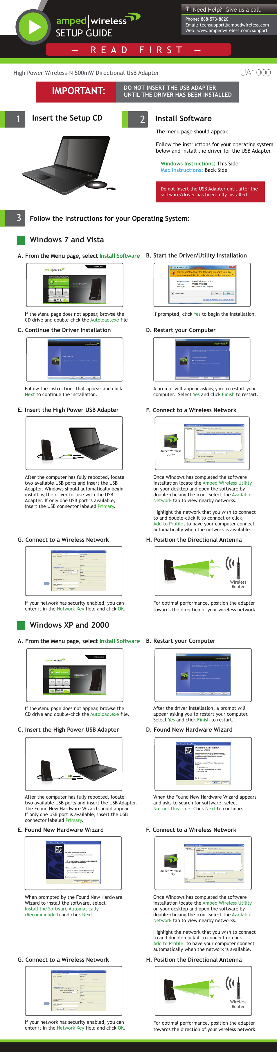 Amped Wireless UA1000 - High Power Wireless-N 500mW Directional USB Adapter User Manual | 2 pages