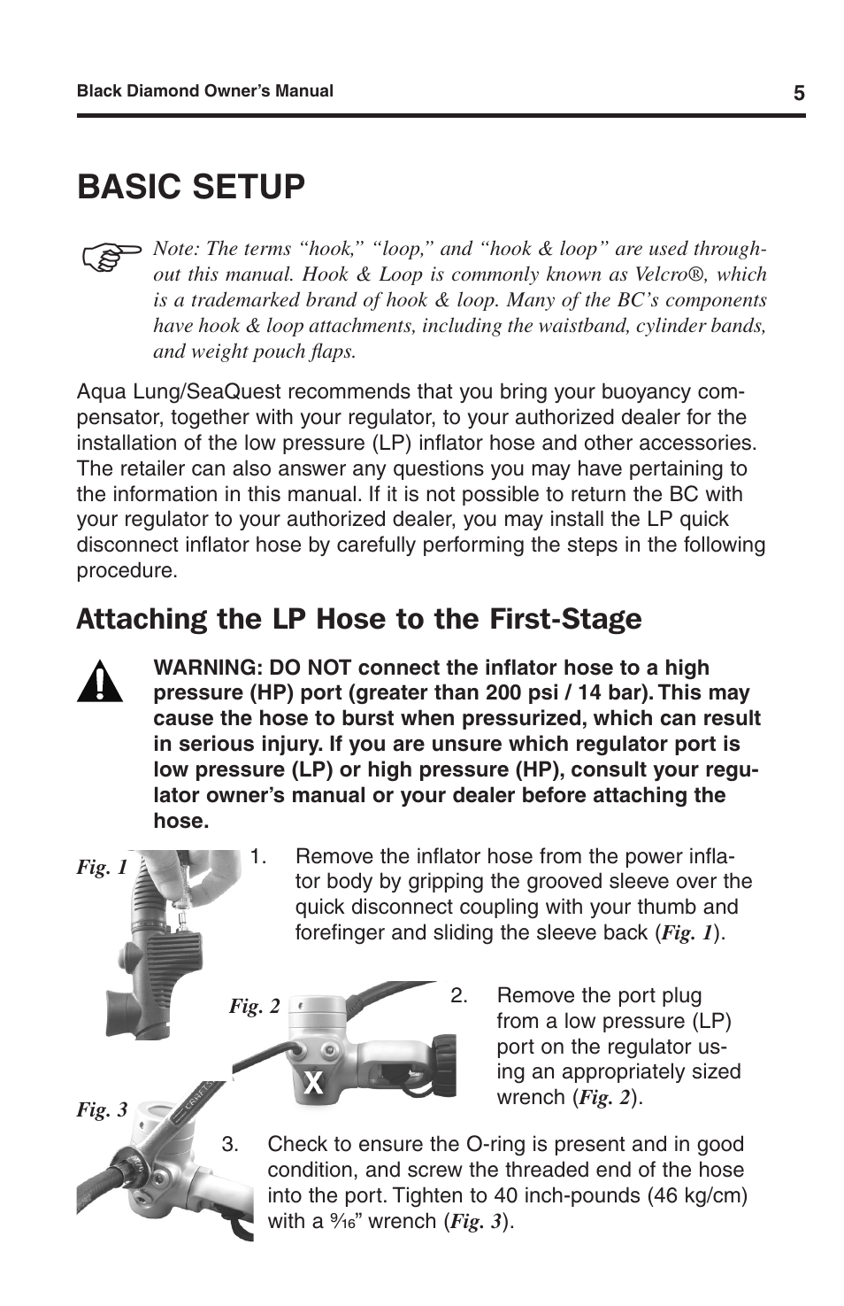 Basic setup, Attaching the lp hose to the first-stage | Aqua Lung Black Diamond SL BC User Manual | Page 5 / 28