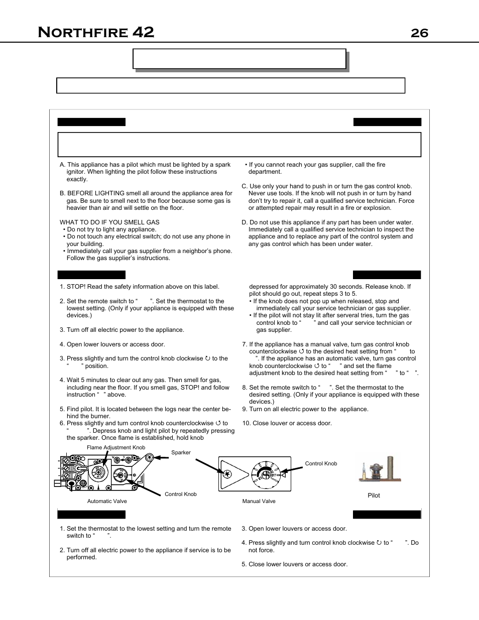 Northfire 42, 26 operation instructions, Cont | For your safety read before lighting, Lighting instructions to turn off gas to appliance | Archgard 42-DVT40N User Manual | Page 26 / 38