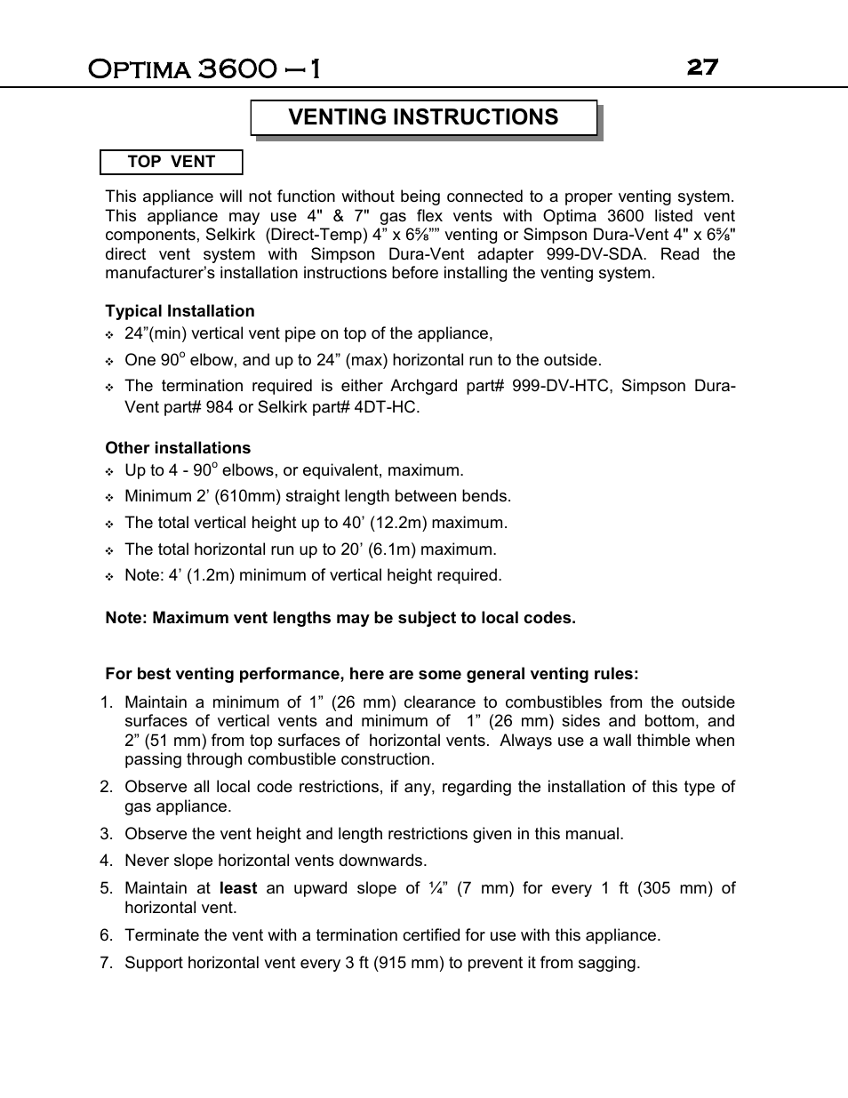 Venting instructions | Archgard 3600-DVTR24N User Manual | Page 27 / 44
