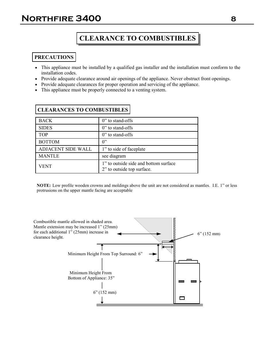 Northfire 3400, Clearance to combustibles | Archgard 3400-DVTR20N-2 User Manual | Page 8 / 35