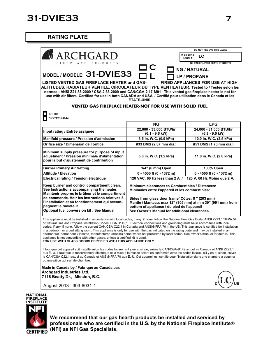Dvie33, Rating plate | Archgard 31-DVIE33N User Manual | Page 7 / 48