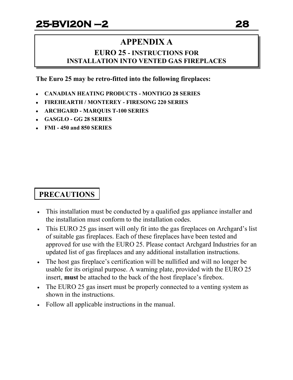 Appendix a, Euro 25, Precautions | Archgard 25-BVI20N-2 User Manual | Page 28 / 43