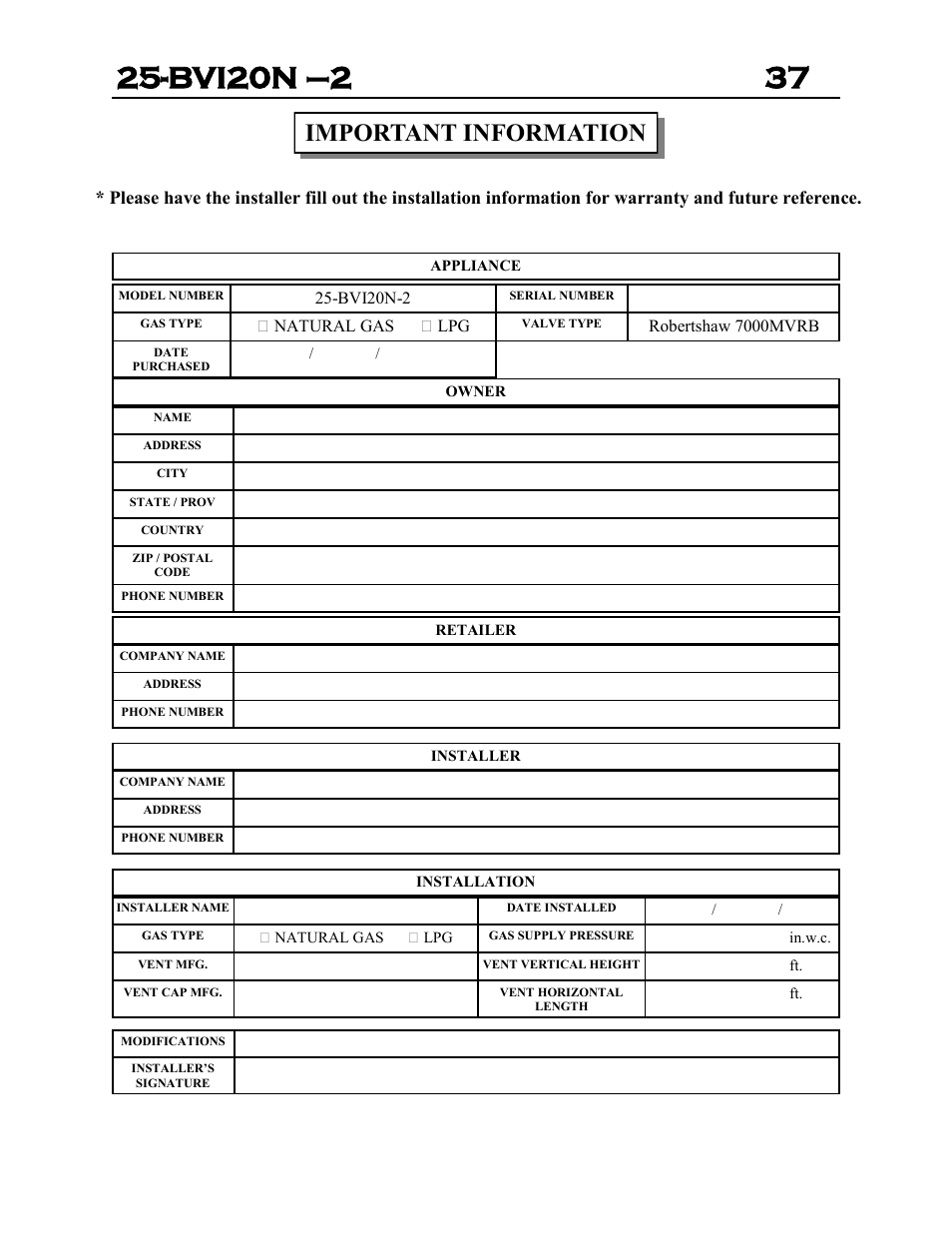 Important information | Archgard 25-BVI20N-2 User Manual | Page 37 / 43