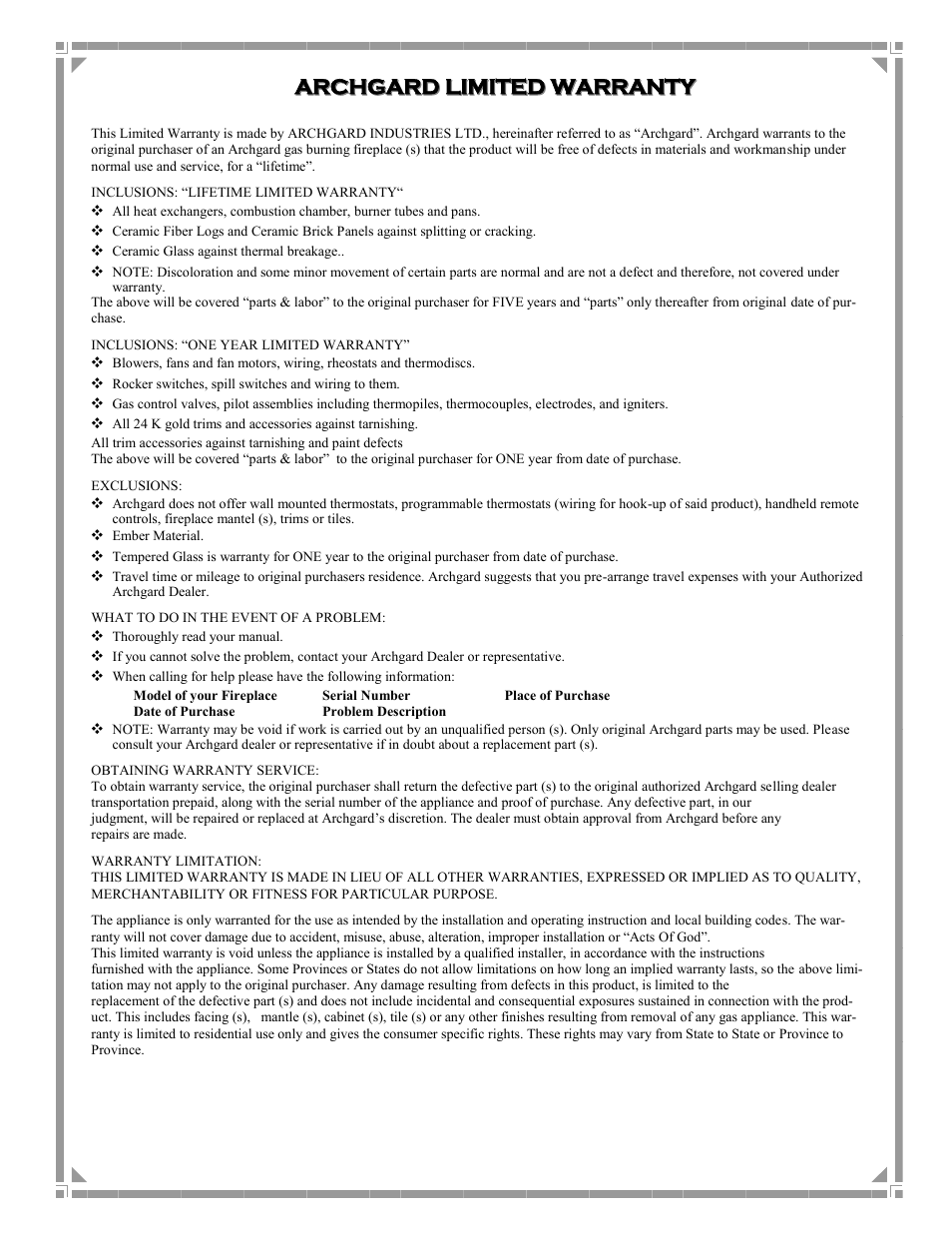 Archgard, Archgard limited warranty limited warranty | Archgard 25-BVI20N-2 User Manual | Page 38 / 43