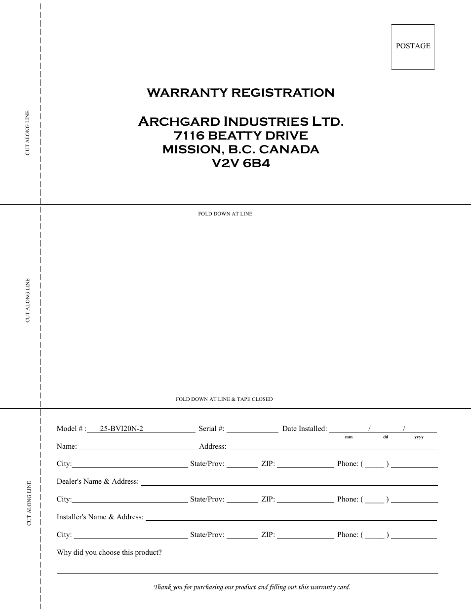 Warranty registration, Rchgard, Ndustries | Archgard 25-BVI20N-2 User Manual | Page 41 / 43