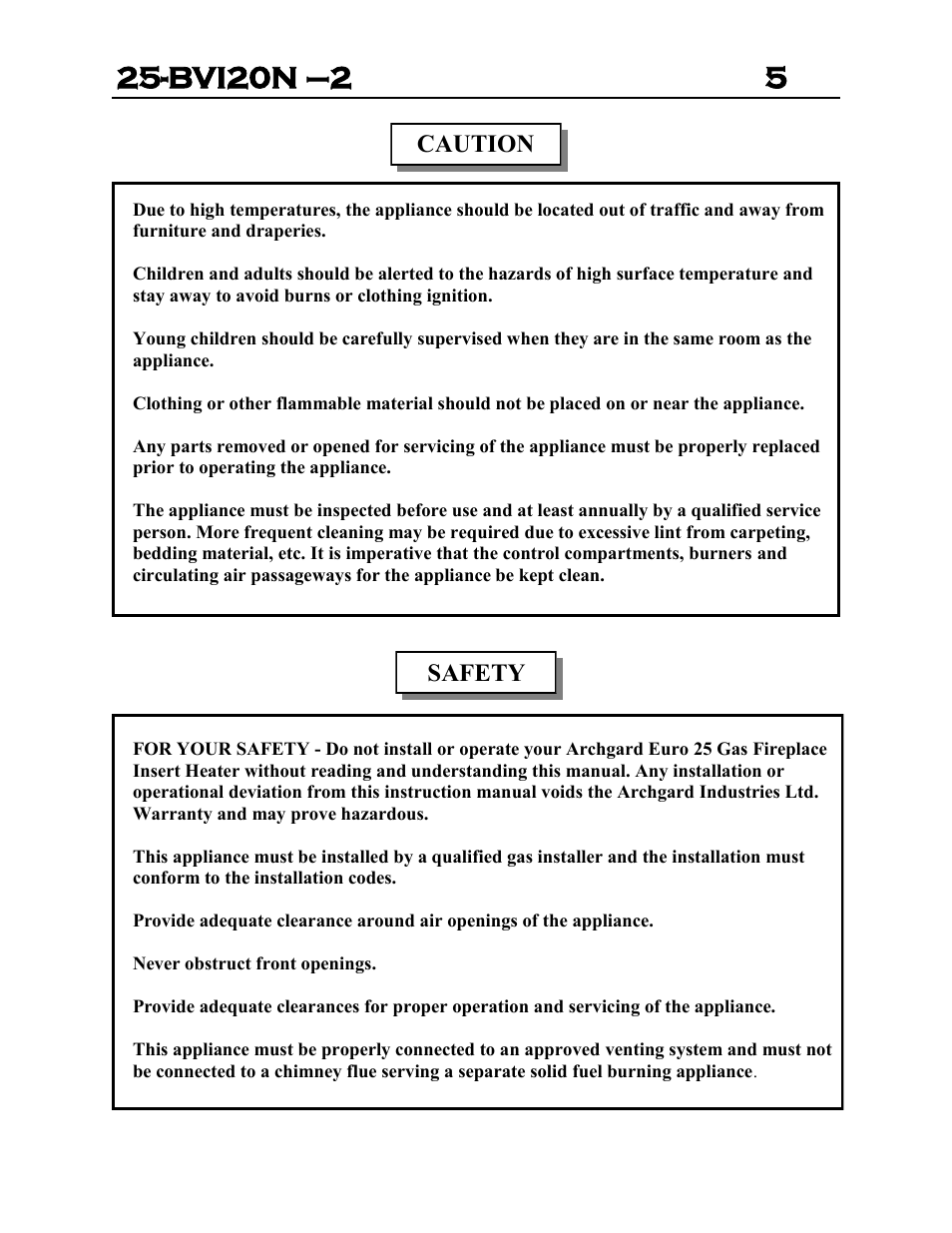 Bvi20n –2 5, Caution, Safety | Archgard 25-BVI20N-2 User Manual | Page 5 / 43