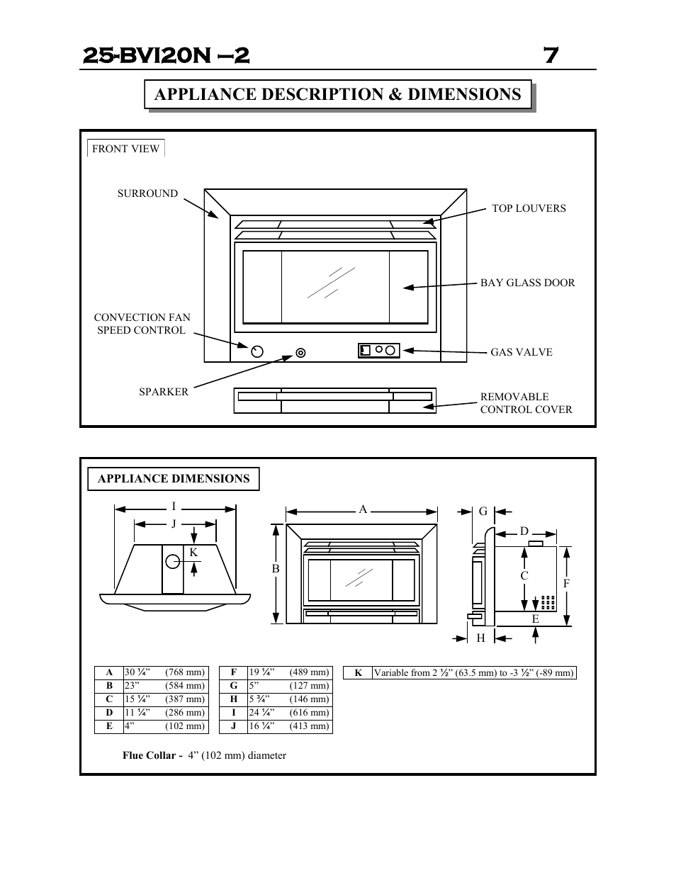 Bvi20n –2 7, Appliance description & dimensions | Archgard 25-BVI20N-2 User Manual | Page 7 / 43