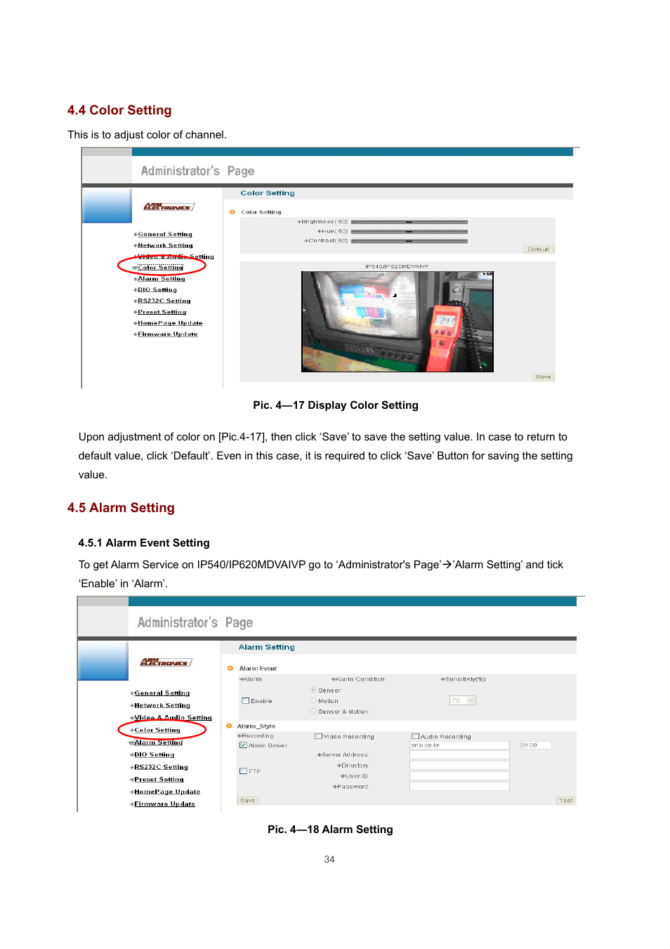 4 color setting, 5 alarm setting | ARM Electronics IP540_620MDVANVP User Manual | Page 34 / 67