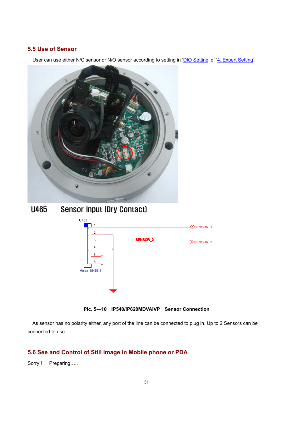 U465 sensor input (dry contact), 5 use of sensor, Sorry!! preparing | ARM Electronics IP540_620MDVANVP User Manual | Page 51 / 67