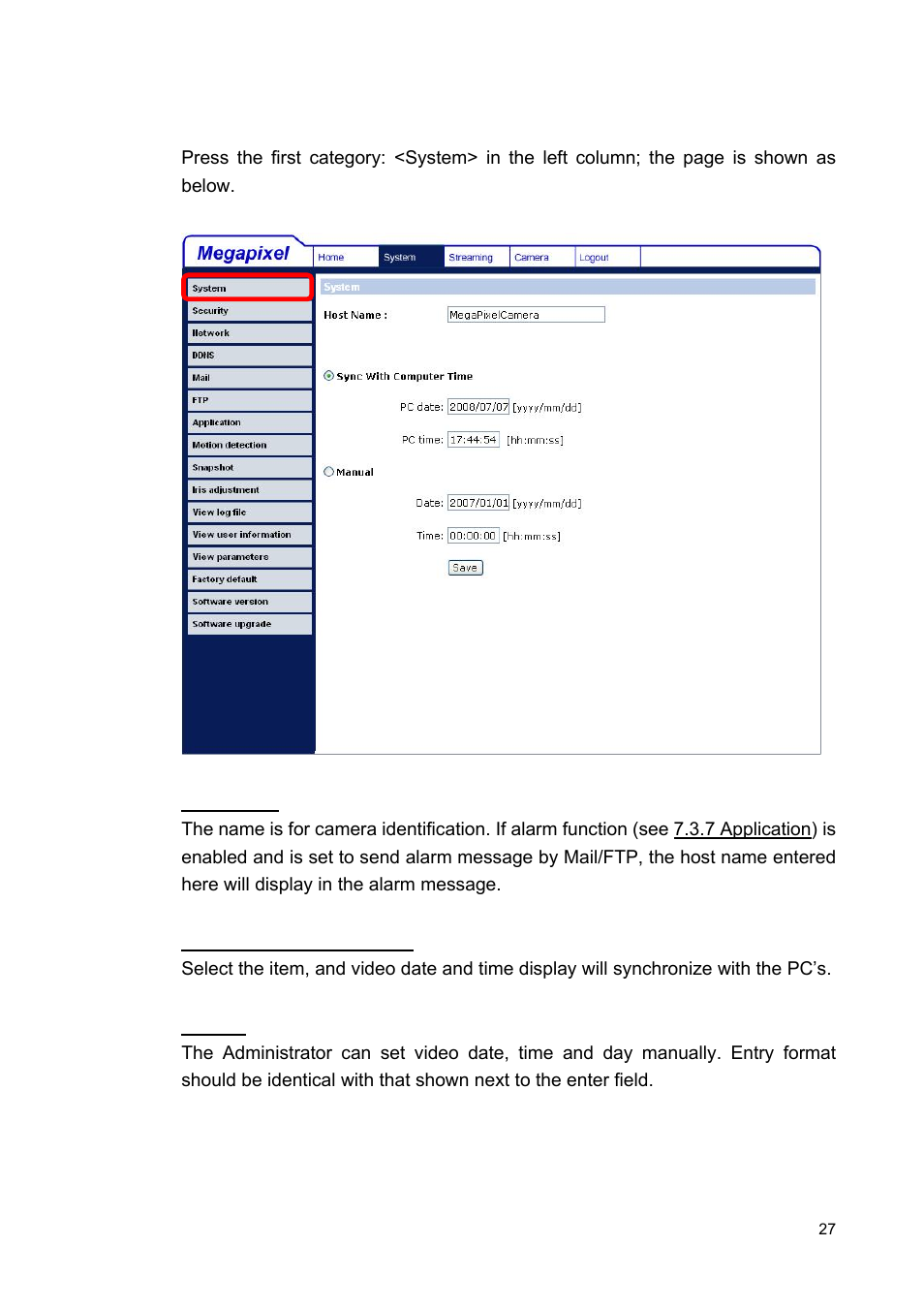 1 host name and system time setting | ARM Electronics MP13DVPDN User Manual | Page 28 / 77