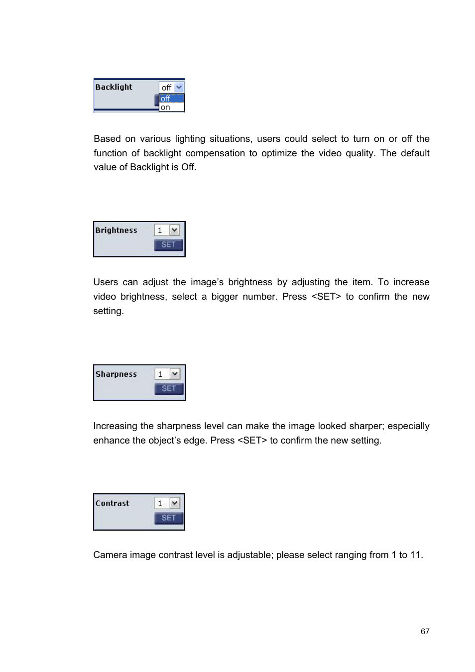 3 backlight setting, 4 brightness setting, 5 sharpness setting | 6 contrast setting | ARM Electronics MP13DVPDN User Manual | Page 68 / 77