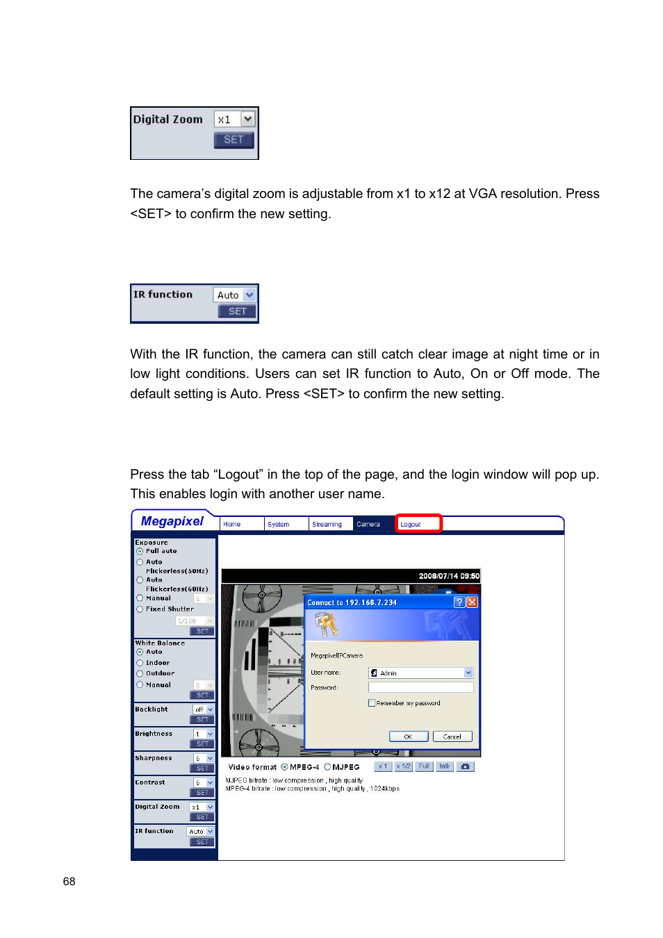 6 logout, 7 digital zoom setting, 8 ir function (optional) | ARM Electronics MP13DVPDN User Manual | Page 69 / 77