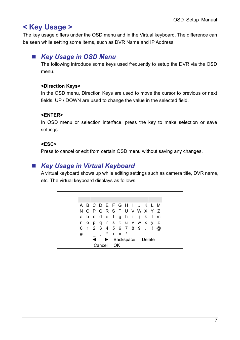 Key usage, Key usage in osd menu, Key usage in virtual keyboard | ARM Electronics DVRHD OSD User Manual | Page 8 / 67
