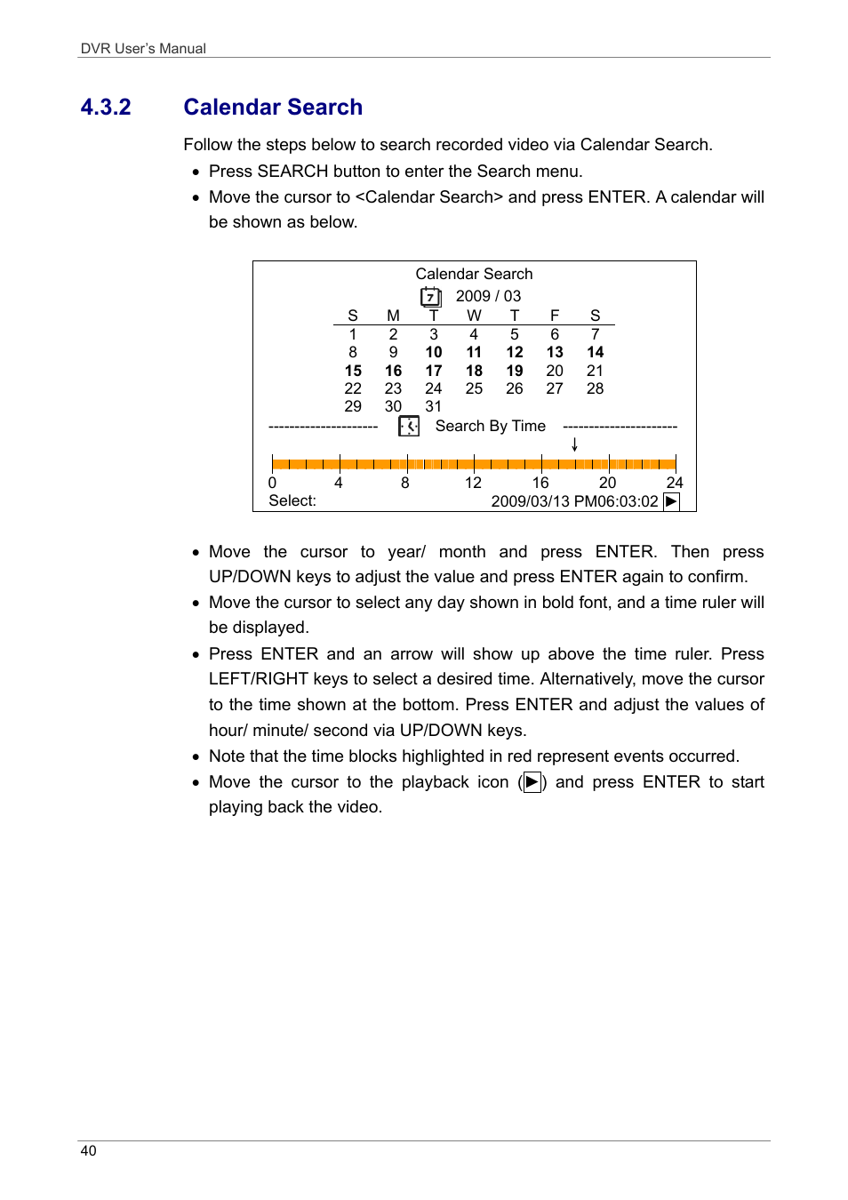 2 calendar search, Dvr user’s manual 40 | ARM Electronics DVRHD User Manual | Page 41 / 78