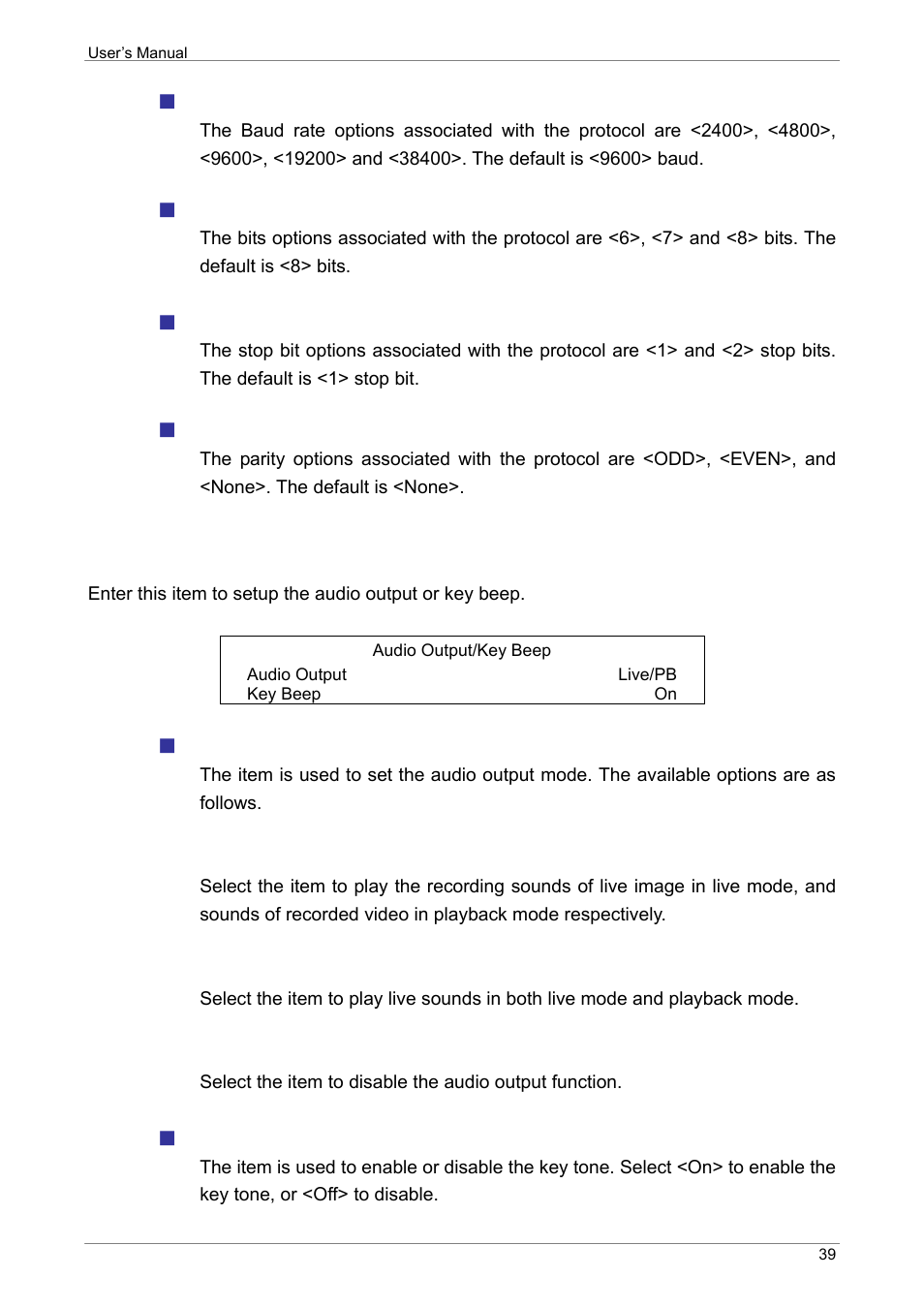 Audio output/ key beep, Baud rate, Bits | Stop, Parity, Audio output, Key beep | ARM Electronics XR&HD480 OSD User Manual | Page 40 / 111
