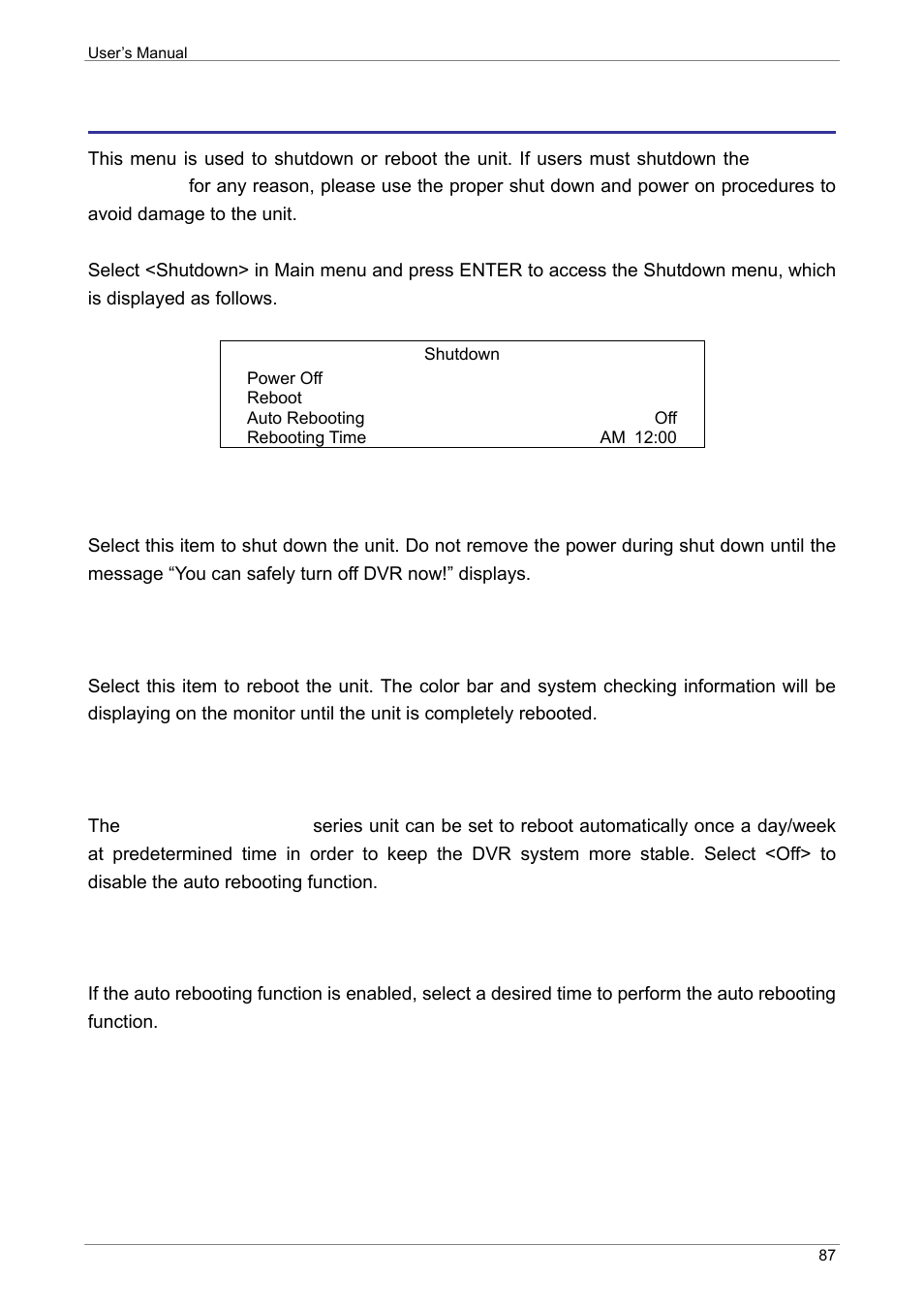 Shutdown, Power off, Reboot | Auto rebooting, Rebooting time | ARM Electronics XR&HD480 OSD User Manual | Page 88 / 111