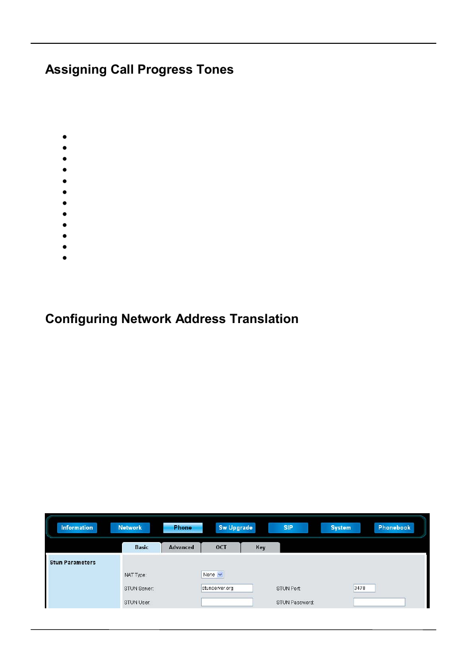 Assigning call progress tones, Configuring network address translation | ATL Telecom IP-3072 PoE Smart Office IP Telephone User Manual | Page 36 / 84