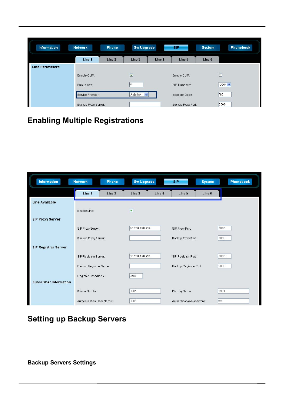 Enabling multiple registrations, Setting up backup servers | ATL Telecom IP-3072 PoE Smart Office IP Telephone User Manual | Page 40 / 84