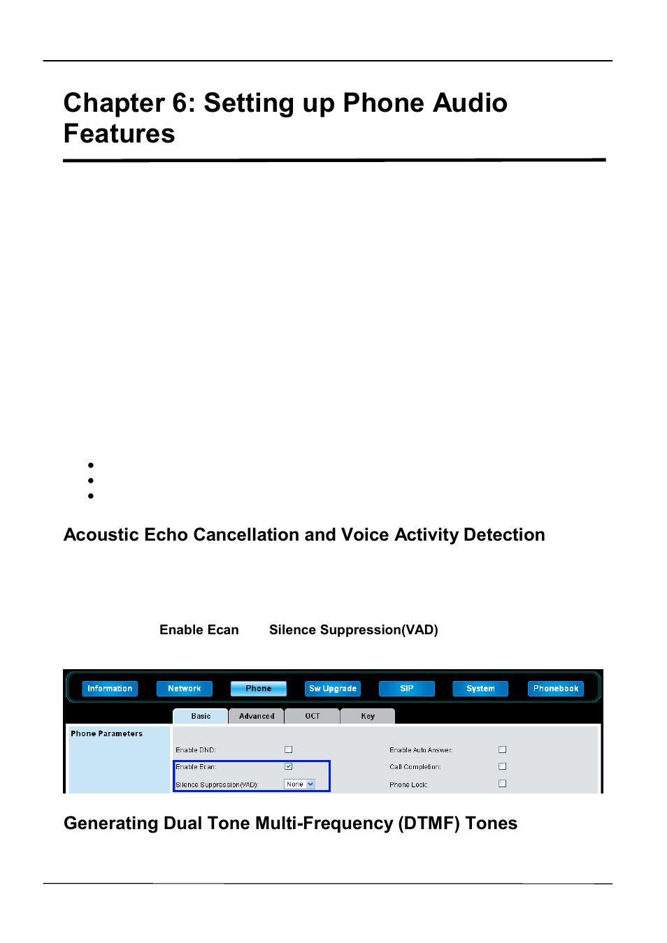 Chapter 6: setting up phone audio features, Generating dual tone multi-frequency (dtmf) tones | ATL Telecom IP-3072 PoE Smart Office IP Telephone User Manual | Page 42 / 84
