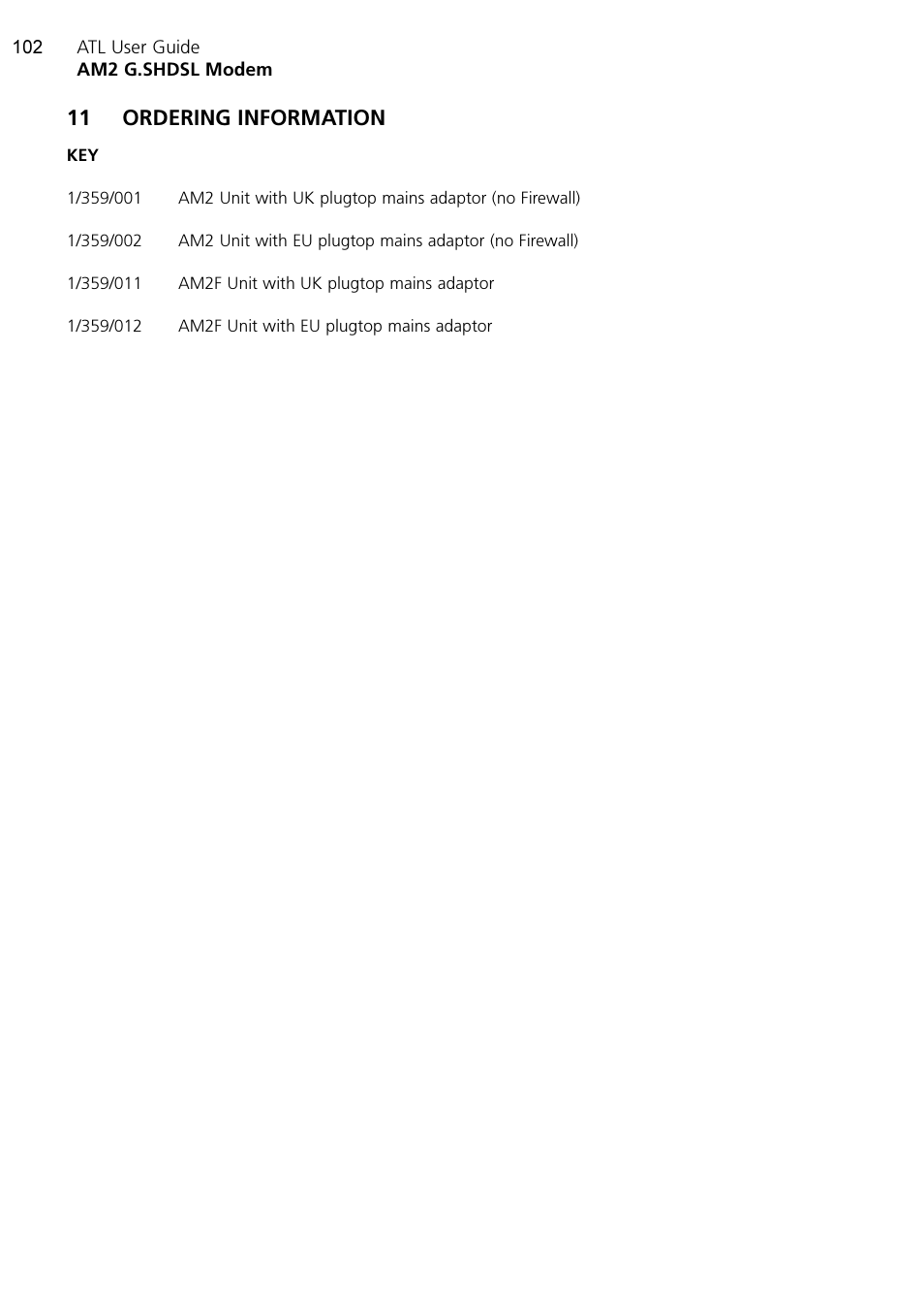 11 ordering information | ATL Telecom AM2 User Manual | Page 102 / 110