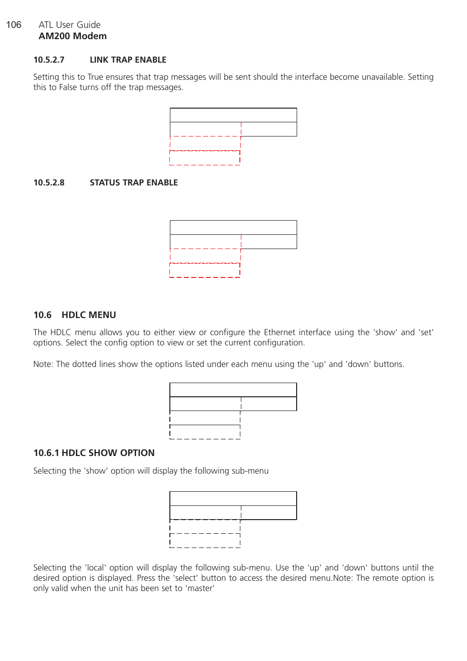 7 link trap enable, 8 status trap enable, 6 hdlc menu | 1 hdlc show option, Link trap enable, Status trap enable, Hdlc show option | ATL Telecom AM200 User Manual | Page 106 / 145
