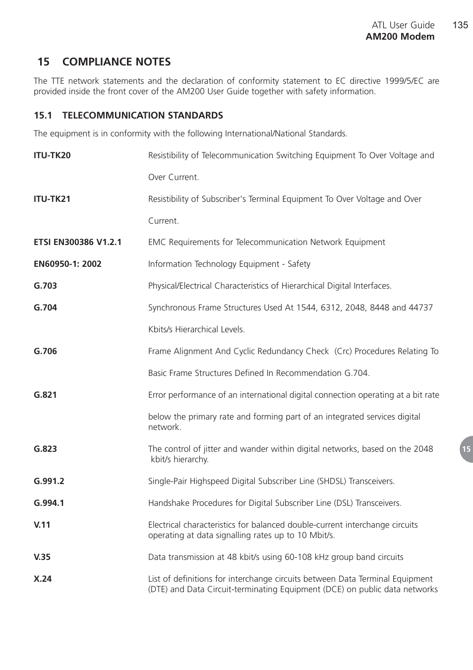 15 compliance notes, 1 telecommunication stand, Compliance notes | 1 telecommunication standards | ATL Telecom AM200 User Manual | Page 135 / 145