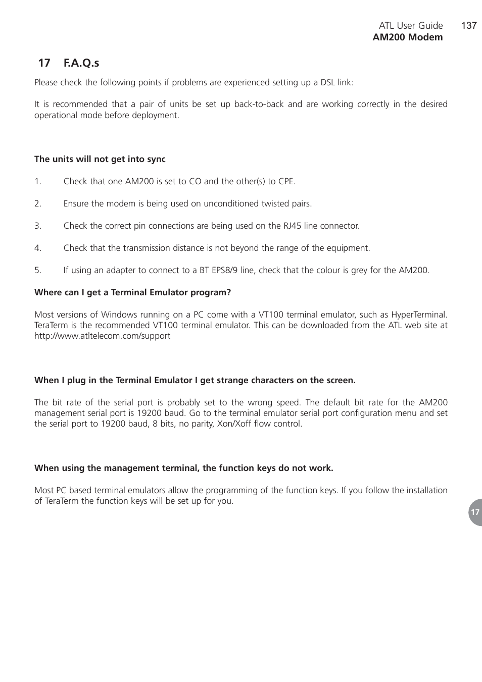 17 f.a.q.s, F.a.q.s | ATL Telecom AM200 User Manual | Page 137 / 145