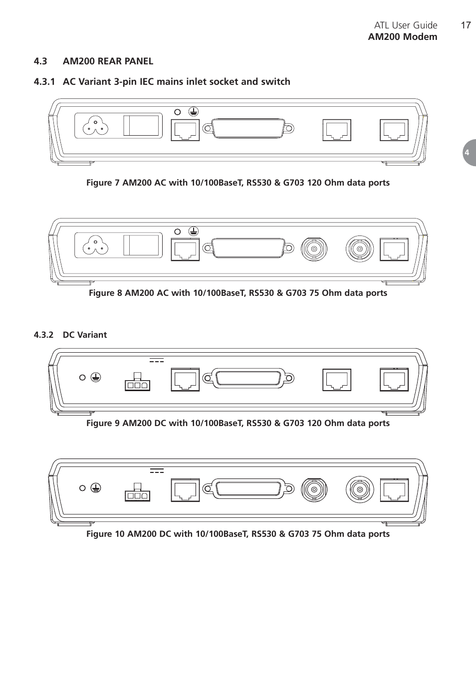 3 am200 rear panel, 1 ac variant 3-pin iec m, 2 dc variant | Am200 rear panel, Ac variant 3-pin iec mains inlet socket and switch, Dc variant | ATL Telecom AM200 User Manual | Page 17 / 145