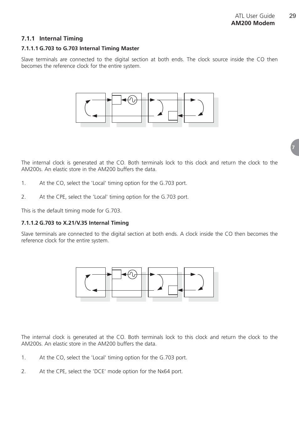 1 internal timing, 1 g.703 to g.703 inter, 2 g.703 to x.21/v.35 i | Internal timing, G.703 to g.703 internal timing master, G.703 to x.21/v.35 internal timing | ATL Telecom AM200 User Manual | Page 29 / 145