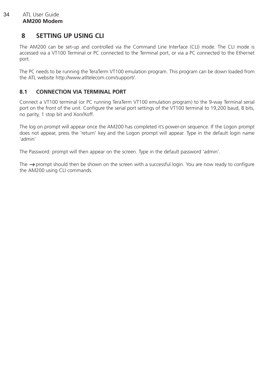 8 setting up using cli, 1 connection via terminal, Setting up using cli | Connection via terminal port, 8setting up using cli | ATL Telecom AM200 User Manual | Page 34 / 145