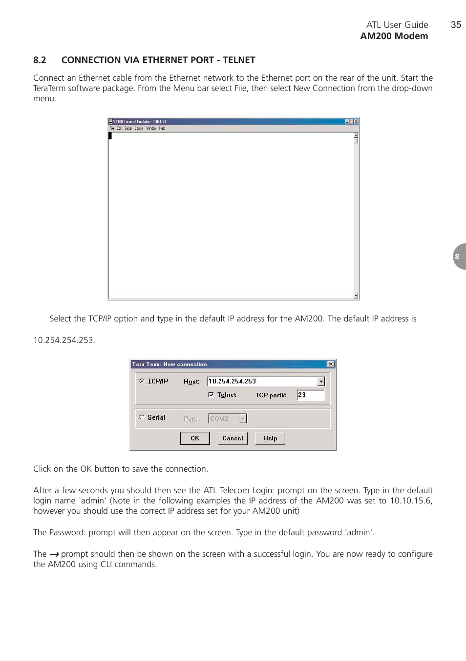 2 connection via ethernet, Connection via ethernet port - telnet | ATL Telecom AM200 User Manual | Page 35 / 145