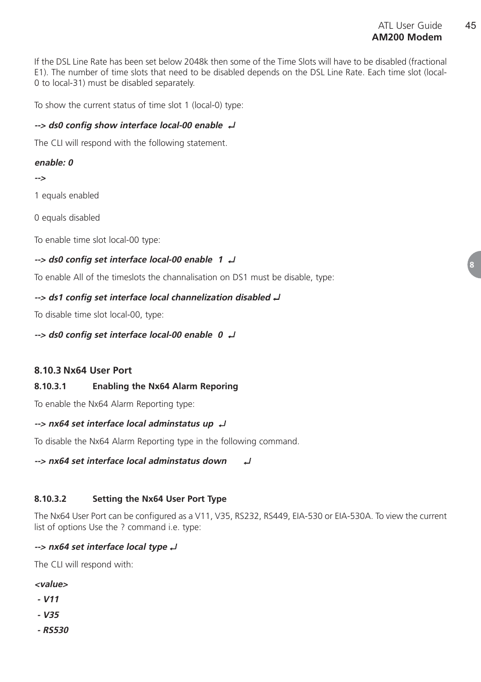 3 nx64 user port, 1 enabling the nx64 a, 2 setting the nx64 us | Nx64 user port, Enabling the nx64 alarm reporing, Setting the nx64 user port type | ATL Telecom AM200 User Manual | Page 45 / 145