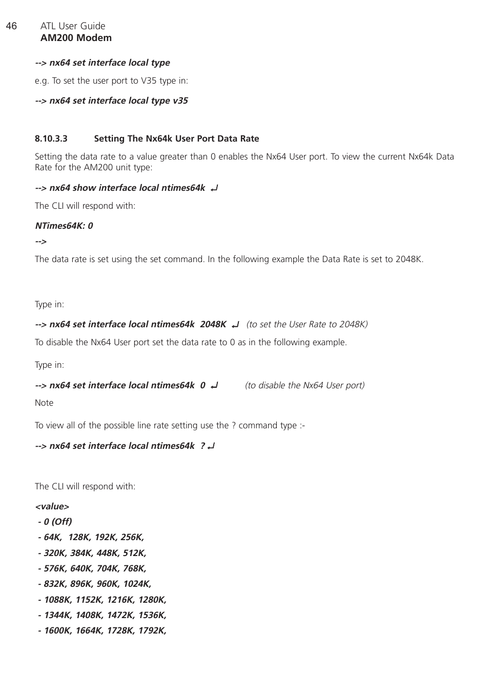 3 setting the nx64k u, Setting the nx64k user port data rate | ATL Telecom AM200 User Manual | Page 46 / 145