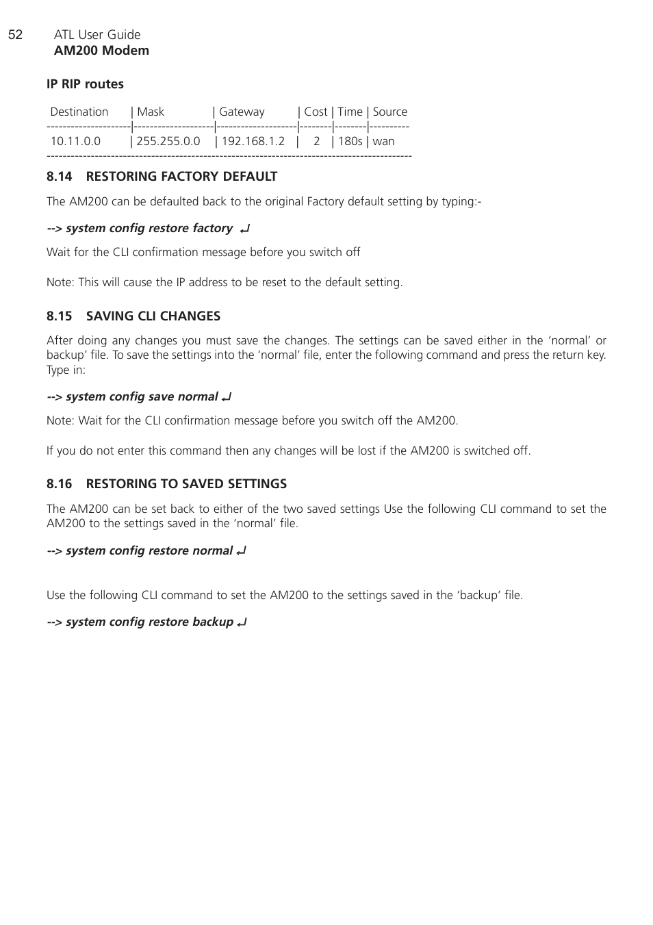 14 restoring factory default, 15 saving cli changes, 16 restoring to saved sett | 16 restoring to saved settings | ATL Telecom AM200 User Manual | Page 52 / 145