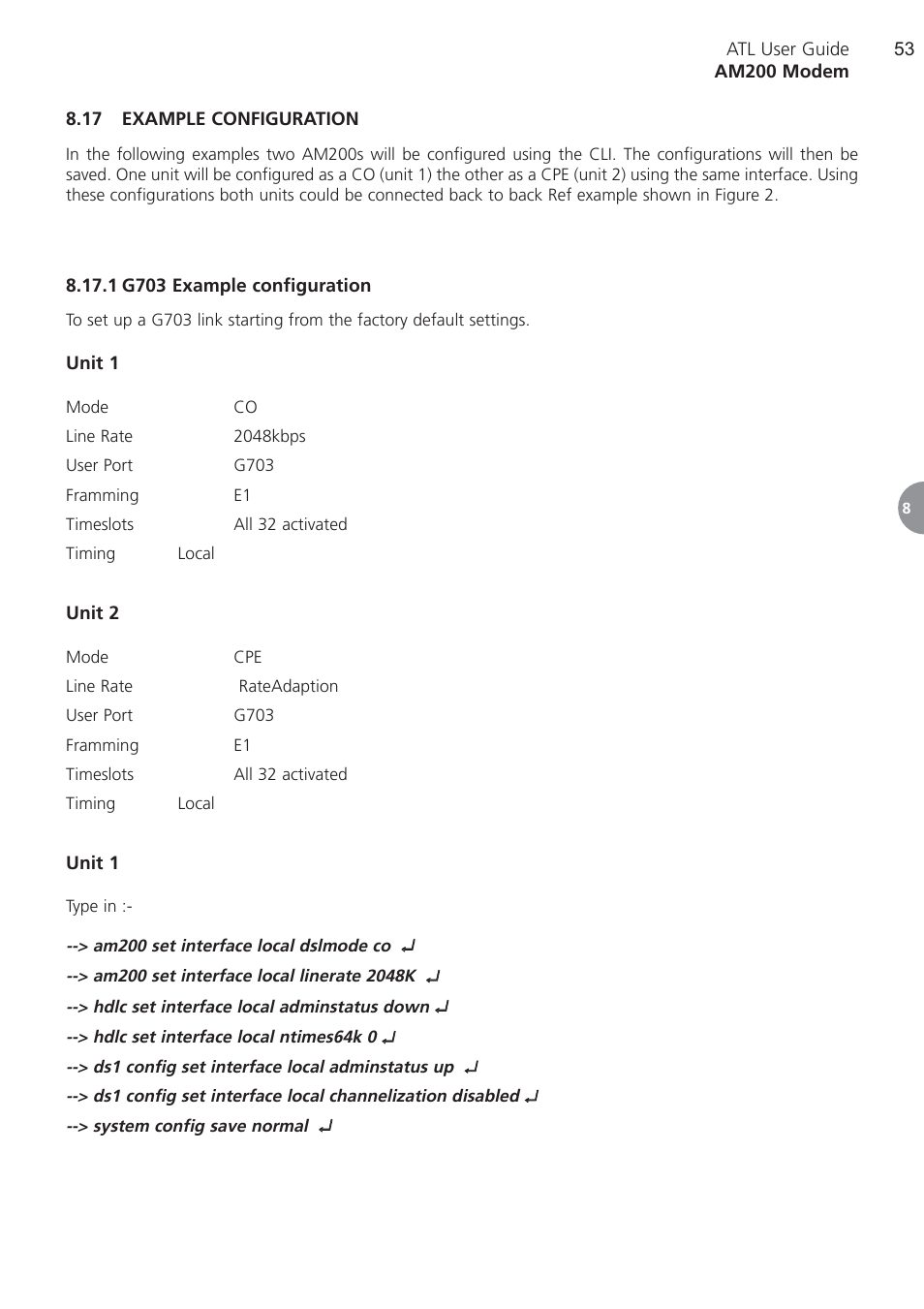 17 example configuration, 1 g703 example configur, G703 example configuration | ATL Telecom AM200 User Manual | Page 53 / 145