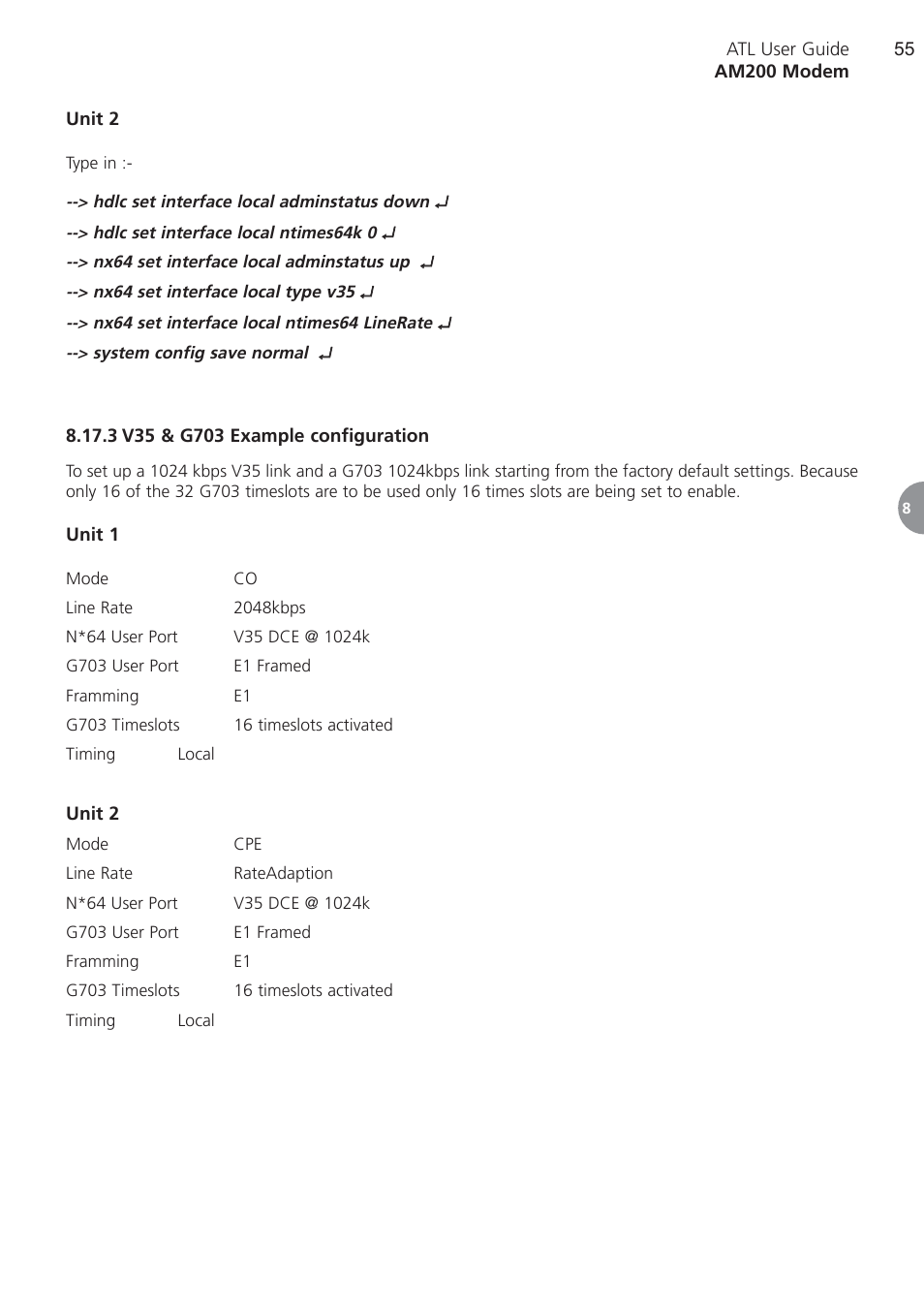 3 v35 & g703 example co, V35 & g703 example configuration | ATL Telecom AM200 User Manual | Page 55 / 145