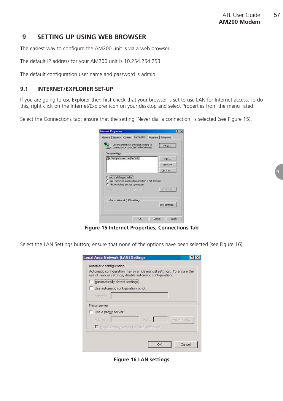 9 setting up using web browser, 1 internet/explorer set-up, Setting up using web browser | Internet/explorer set-up, 9setting up using web browser | ATL Telecom AM200 User Manual | Page 57 / 145