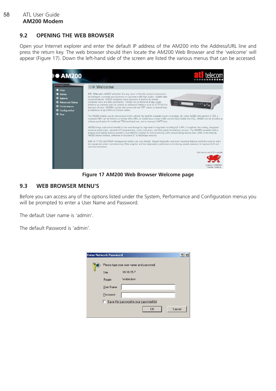 2 opening the web browser, 3 web browser menu's, Opening the web browser | Web browser menu's | ATL Telecom AM200 User Manual | Page 58 / 145