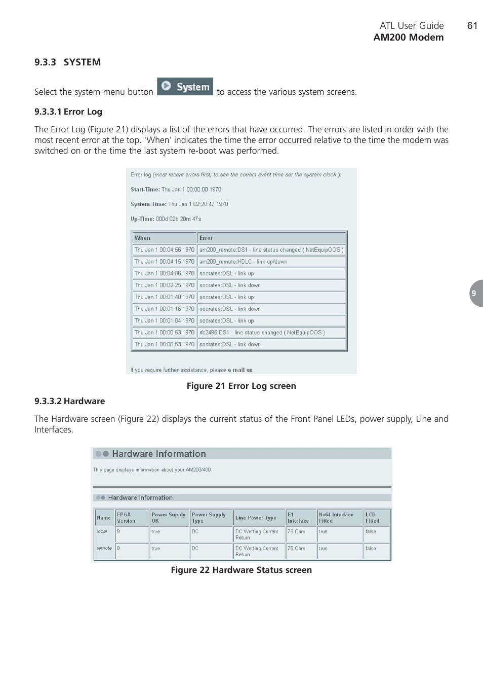 3 system, 1 error log, 2 hardware | System, Error log, Hardware | ATL Telecom AM200 User Manual | Page 61 / 145