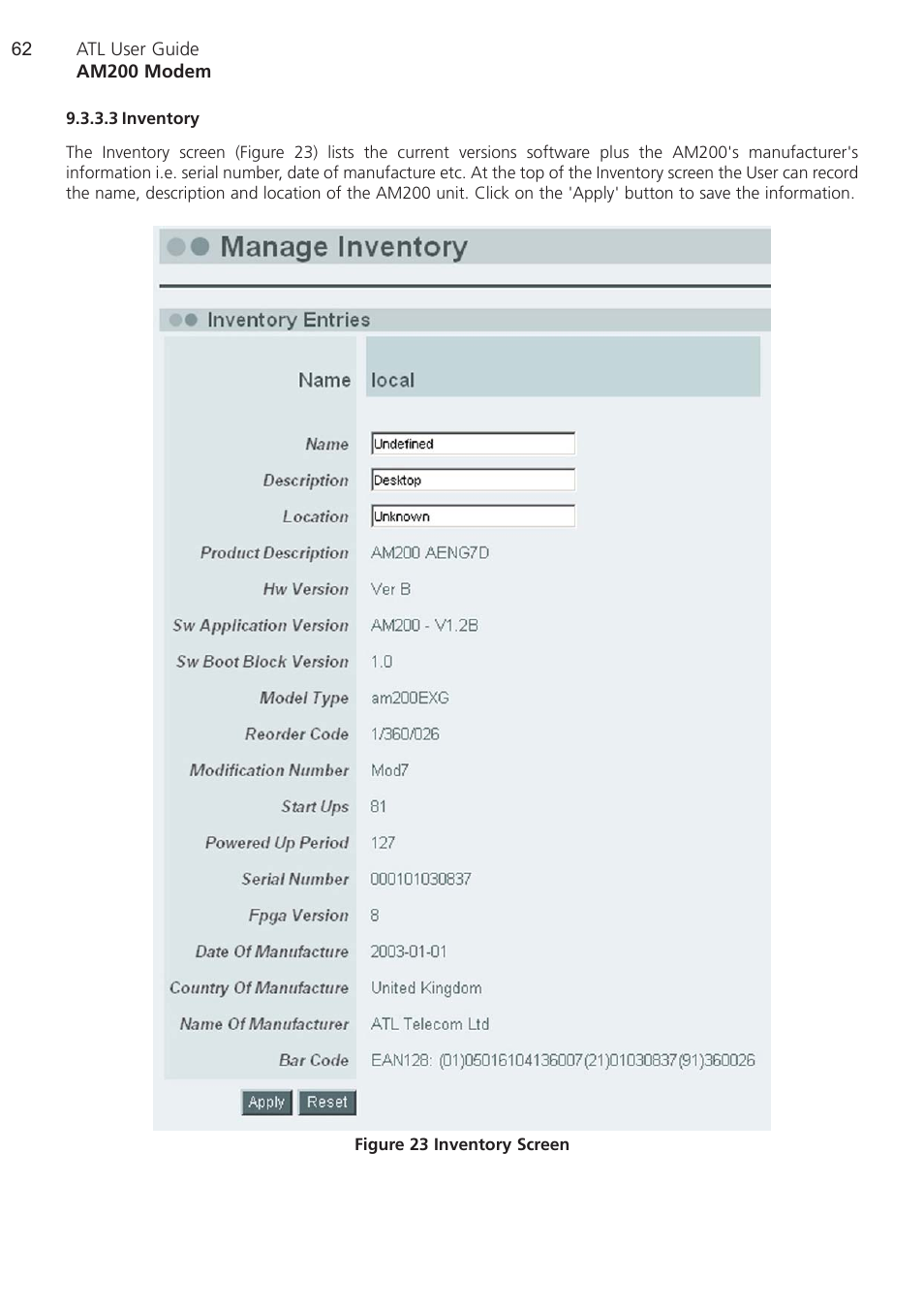 3 inventory, Inventory | ATL Telecom AM200 User Manual | Page 62 / 145